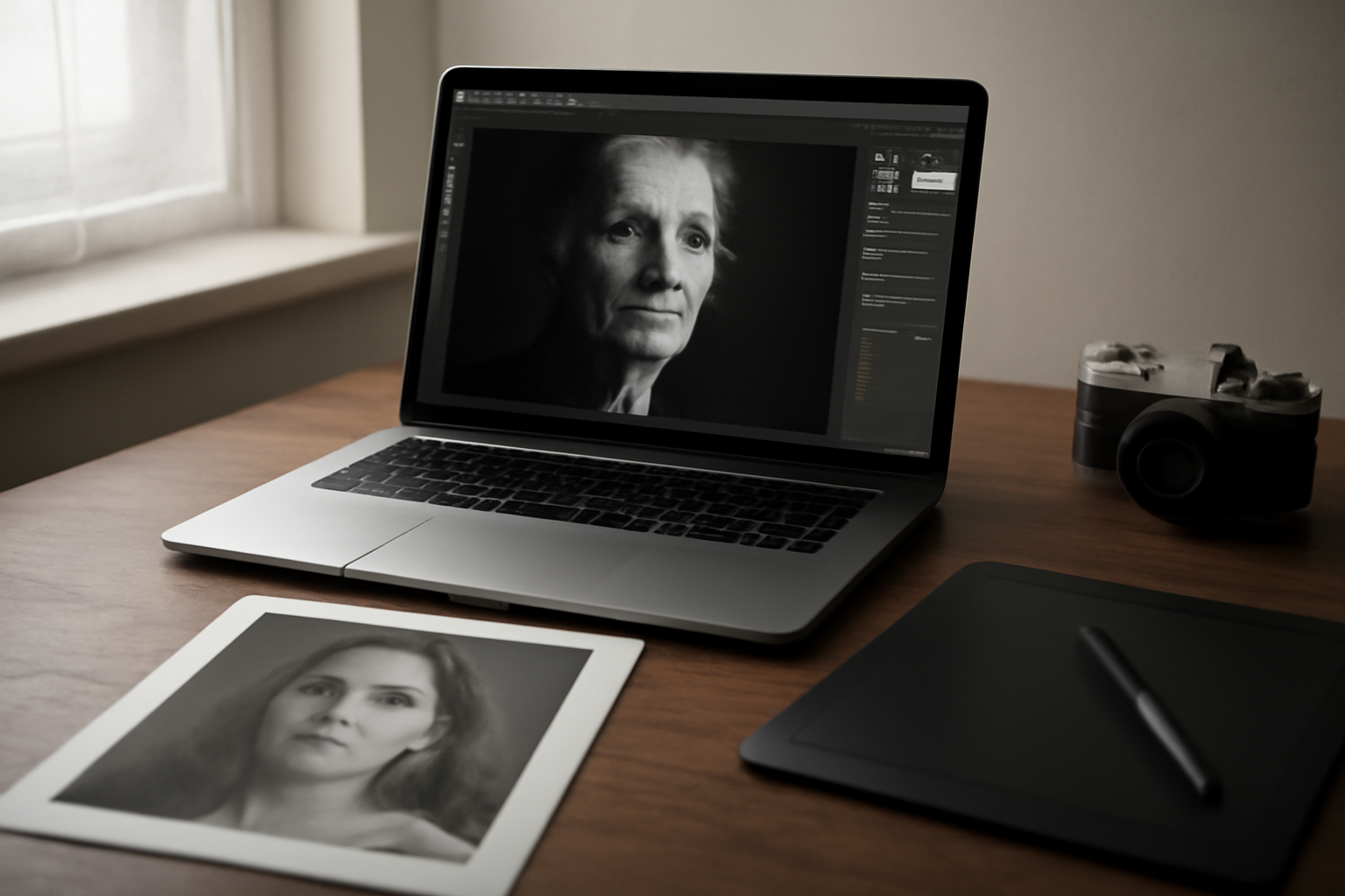 Meja kerja editor dengan laptop menampilkan proses editing foto hitam putih dan tablet grafis