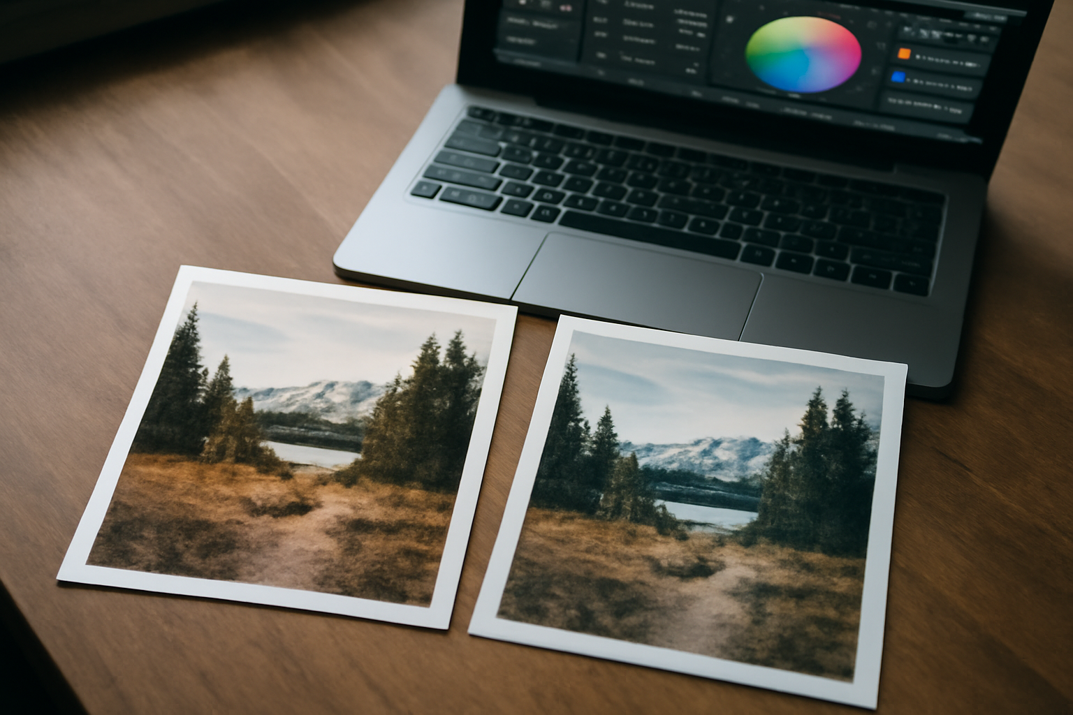 Dua foto cetak dengan tone warna berbeda diletakkan berdampingan di atas meja kayu untuk proses color match